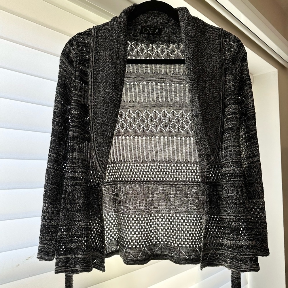 One A Mixed Diamond Knit Marled Open Front Cardigan - PL